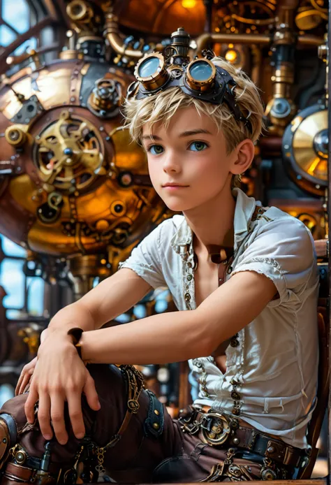 A full-body photo of a young  male cute boyish imature shirtless 18yo teenager, Innocent face, innocent expression super skinny, blond, handsome, cute handsome boyish face,   wearing a super tight steampunk shorts hyperrealism photo. Full-body male focus. ...