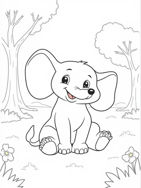 "a black and white drawing, line art style , Of a friendly and cute elephant sitting in a forest clearing.  The surrounding scenery should include trees with thick trunks ,  shrubs and some simple flowers ,  leaving room for the ren to color .  The dog sho...