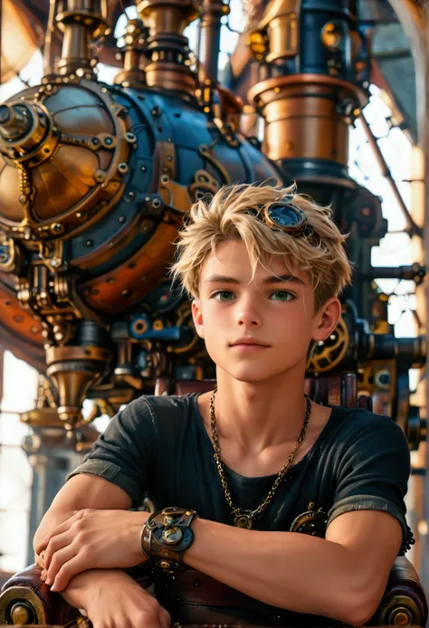 A full-body photo of a young  male cute boyish imature shirtless 18yo teenager, Innocent face, innocent expression super skinny, blond, handsome, cute handsome boyish face,   wearing a super tight steampunk shorts hyperrealism photo. Full-body male focus. ...