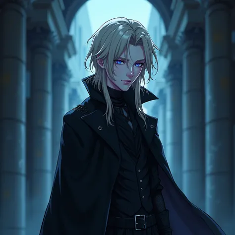 (full-body view) (sexy) He is a 20-year-old mysterious male with long dirty blonde hair, delicate facial features, and icy blue eyes, dressed in black gothic clothes and a black cloak. His skin is white and pale like a vampire. Hes wearing black gloves. (s...