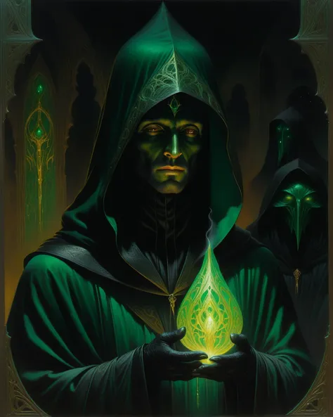 painting of a man in a black robe with a hood on, emerald gold and beksinski, dark cloaked necromancer, old - school dark fantasy art, grim dark orientalism, cloaked, dark cloaked figure, dark hooded wraith, hood covers his eyes, portrait of a mind flayer,...