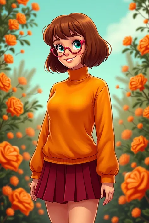 Make me an image of Vilma from the Scooby Doo series, a young adult with short brown hair, wearing orange long-sleeved sweatshirt with turtleneck and short dark red skirt, wearing reading lenses and behind a background of orange flowers, cartoon version 