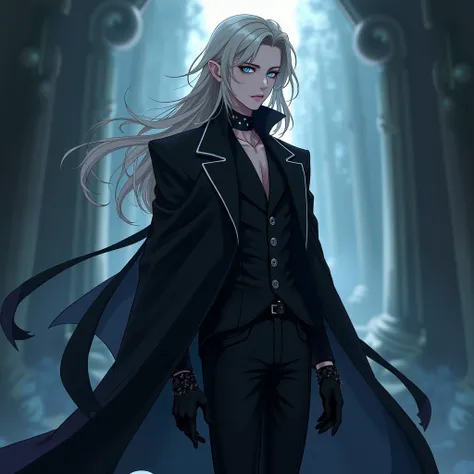 (full-body view) (sexy) He is a 20-year-old mysterious male with long dirty blonde hair, delicate facial features, and icy blue eyes, dressed in black gothic clothes and a black cloak. His skin is white and pale like a vampire. Hes wearing black gloves. (s...