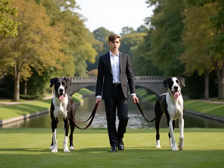 generate an image of a formal young man walking two Harlequin Great Danes realistic image with a beautiful park 