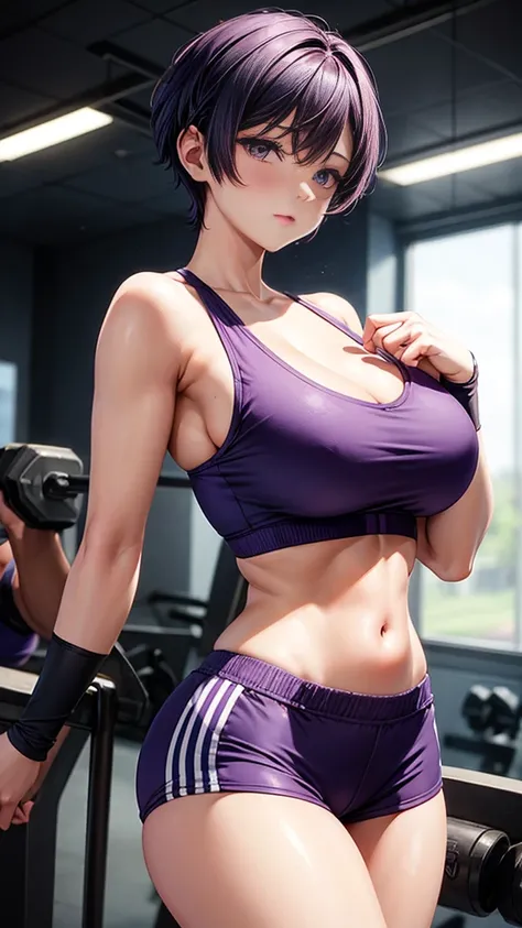 Beautiful girl purple short hair huge breasts wearing a tight-fitting sport bra wearing a tight-fitting shorts sexy post in the gym.