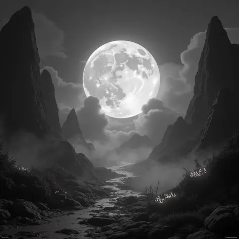 a fullmoon in a fantasy black and white glowing dreamy enviroment