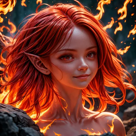 solo, 1girl, ((best quality)), ((masterpiece)), (detailed), 4k, very small red goblin girl, red skin, pointy ears, long straight red hair on fire, pleased expression, bright red eyes, small horns on head, sexy, cute, extreme closeup on face, focus on eyes,...