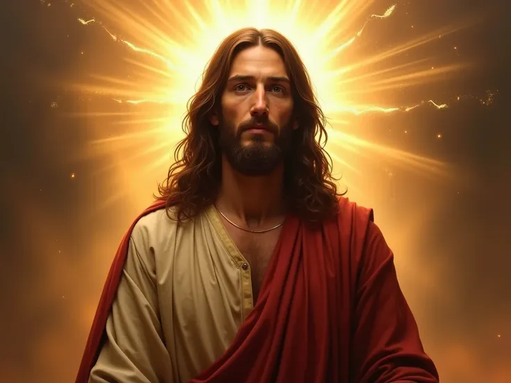 Prompt: "Create a realistic, powerful depiction of Jesus Christ, with traditional Christian features. He has long, flowing dark brown hair and a beard, his expression serene yet filled with inner strength. He is wearing a simple robe in earth tones, with a...