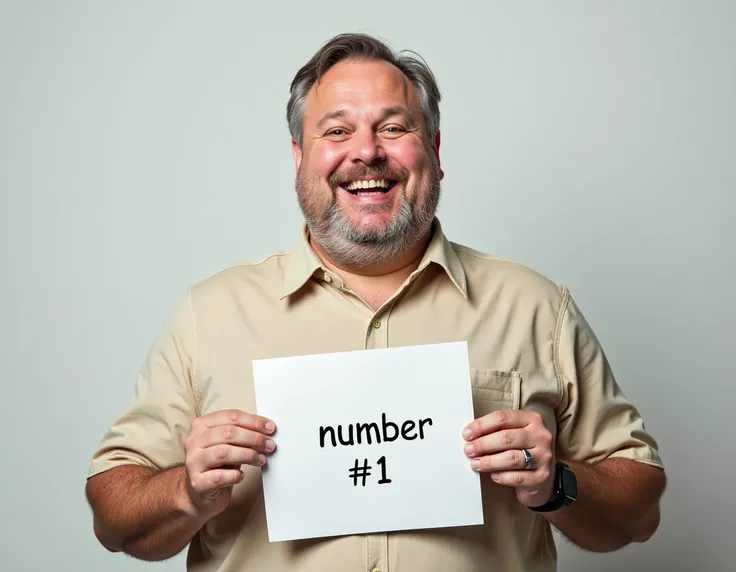 Realistic photo of a fat brown man without a beard smiling and holding a written sign "Number 1"
