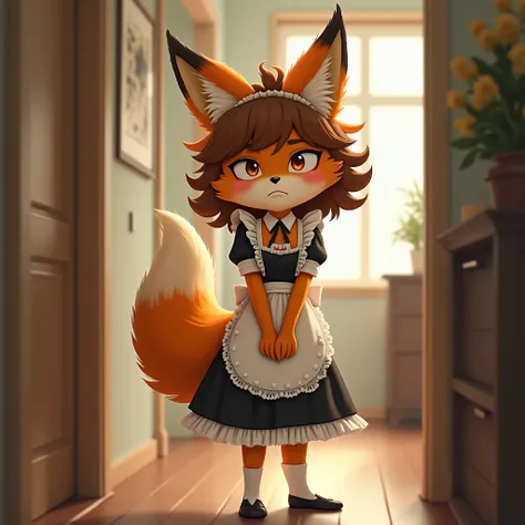 1 woman, furry, fox, orange fur, brown curly hair, maid, background of a house hallway, maid dress, long socks, a little scared, a little blushing 