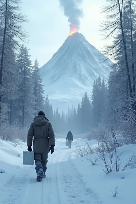 A man near a frozen forest heading towards a volcano in the middle of the frozen forest and this man is holding a white briefcase 