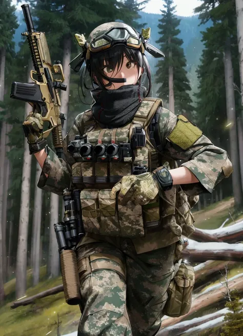 1 japanese woman in special forces, running through coniferous forest, engaged in gunfight, wearing full tactical gear, detailed equipment and accessories, , 8k, cinematic lighting, high action, giving orders, dynamic pose、goggles, tactical vest  full-body...