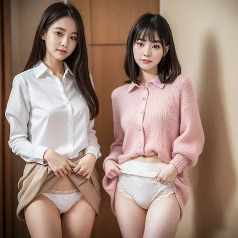 Highly detailed CG Unity 8k wallpaper、Highest quality、Ultra-detailed、masterpiece、Realistic、Photo realistic、A cute girl drawn in great detail、20-year-old、(Skirt rip)、(Roll up the skirt yourself))、White panties、Panty Focus、blush、 cameltoe, Lips parted、Lookin...