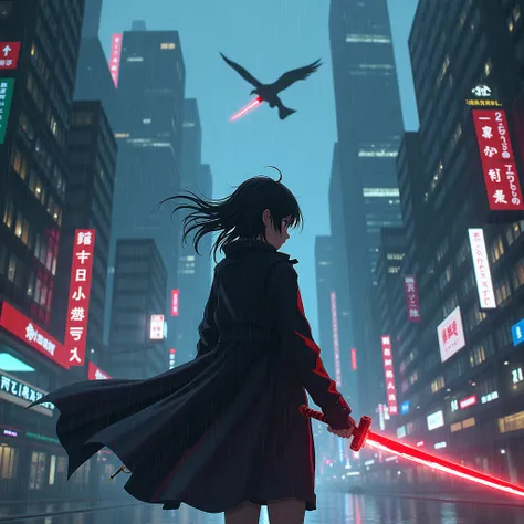 Futuristic night city with rain ,  the silhouette of an animé girl in a black trench coat holding a red katana and the same girl plummeting in the style of a falcon