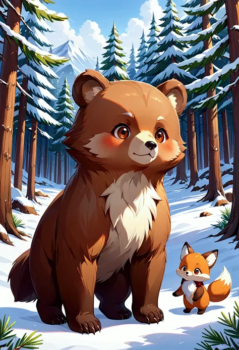  Snowy pine forest in winter .  A cute little brown bear cub and a cute fox.  The picture matches a rens book and looks hand-painted .  The animals are very cute , But dont wear clothes .