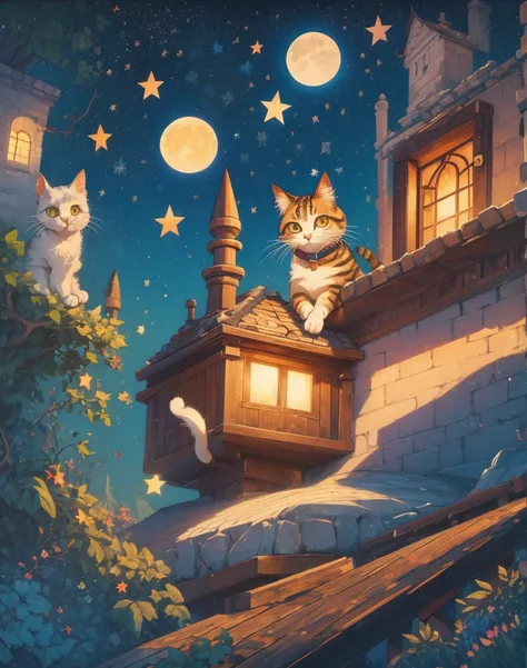 cat,very cute,moon,a lots star,
 high definition , look up, 