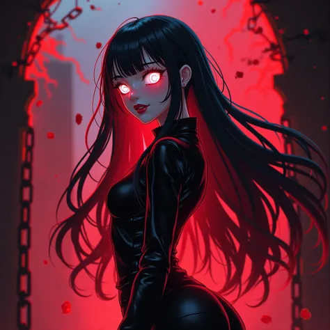 2D anime Character himeno, actress figure Standing in front, red and black color lighting,glowing eyes, Undoing background,thunders, WHITE flame eyes, grainy art, creativity, originality, inspiration,Ghost Black,white eyes, chains background, eyes of flame...