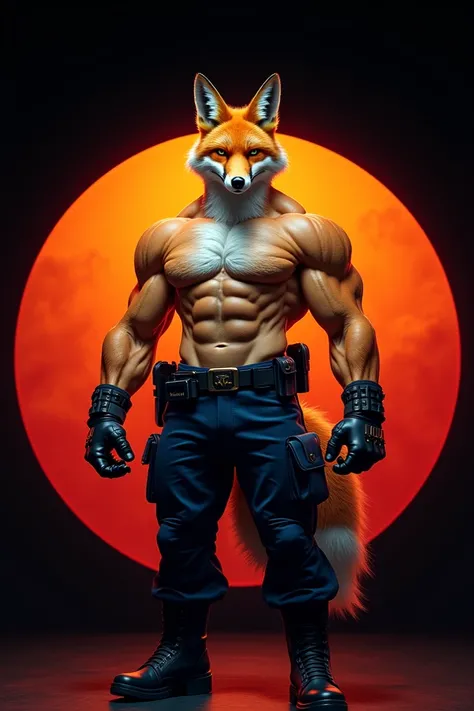   background   : circular logo   , fire red  ,   transition to orange   , schwarzer    background  .
 The logo features a 2 meter tall upright ,   well-trained fox  ,   that stretches his muscles   , hairless torso . 
hairstyle:    short orange hair with r...