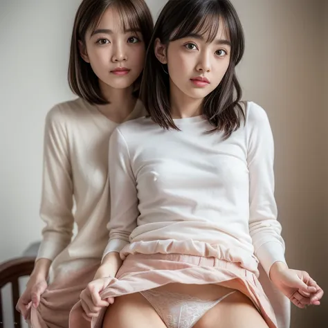 Highly detailed CG Unity 8k wallpaper、Highest quality、Ultra-detailed、masterpiece、Realistic、Photo realistic、A cute girl drawn in great detail、18-year-old、(Skirt rip)、(Roll up the skirt yourself))、White micro panties、micro Panty Focus、blush、 cameltoe, some v...