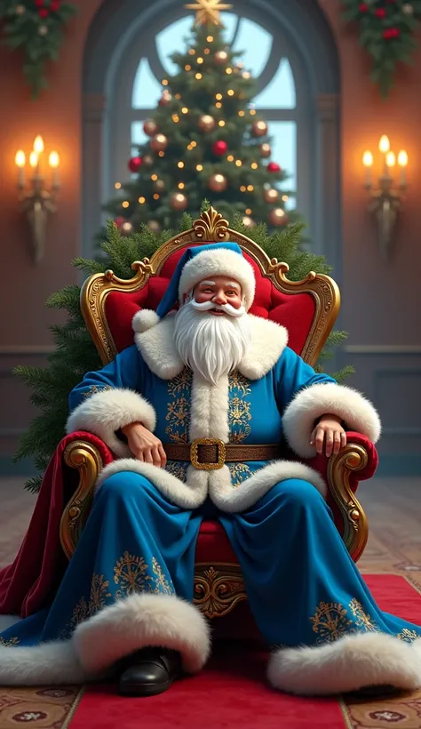 Create a Santa Claus with blue and white clothes, sitting on a throne,  with a Christmas pine tree and festive lights in a luxurious setting