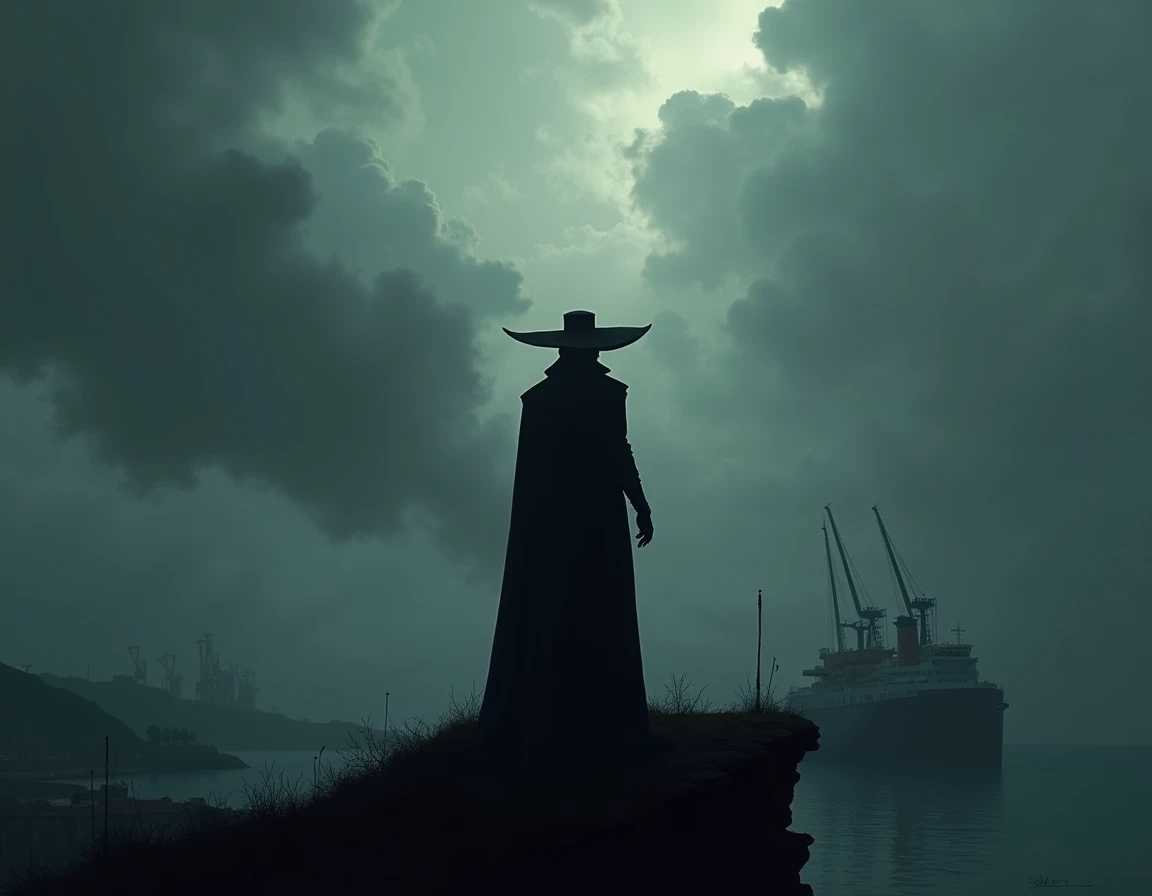  A dark and enigmatic figure with a wide hat and a rigid posture,  standing on the edge of the hill .  The sky is covered by dense clouds ,  and its shadow extends downward , as if watching the port . cloudy weather