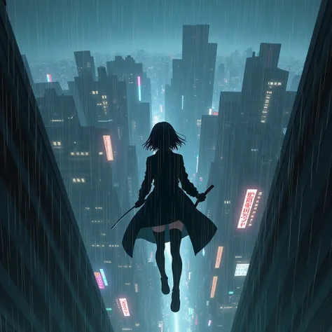 Futuristic night city with rain and silhouette of an anime girl dressed in a black trench coat holding a katana and plummeting from a building