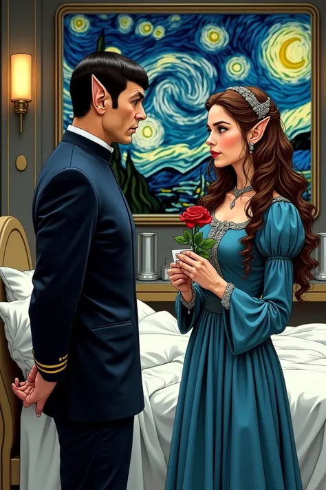 Spock from Star Trek with pointed ears and brown eyes wearing a tuxedo is standing with his hands behind his back looking at a woman with long brown curly hair and pointy ears and green eyes wearing a medieval blue dress and holding a red rose and a note i...