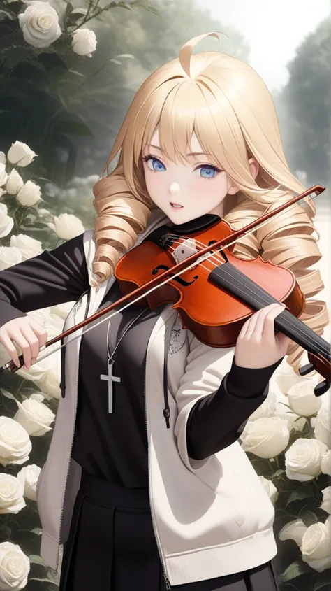 a woman, upper body, blonde, Long Hair, Drill Hair, Ahoge, blue eyes, slant eyes, narrow eyes, red open hoodie, sleeves past wrists, cross necklace, Black T-shirt with White roses print, Black mini skirt, playing instrument, violin, upper body, background ...