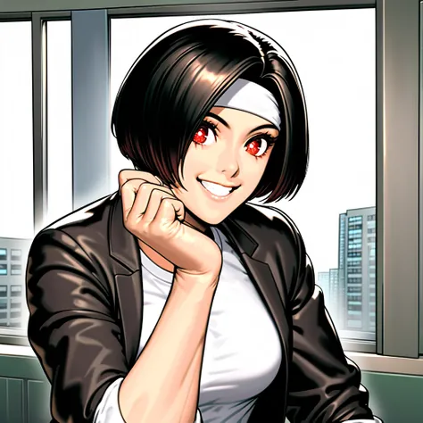 Glossy black hair, short hair, (( beautiful red eyes, sparkling eyes, fine grain )), smiling, super detailed eyes, very detailed face, highly detailed eyes, cowboy shooting,
In office setting, (( black jacket with rolled up sleeves )), fingerless gloves, (...