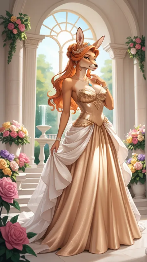 A regal anthropomorphic kangaroo blood hair dressed as a queen, standing in a beautifully maintained royal garden during sunset. The kangaroo wears a luxurious pink and gold gown with intricate lace details, complete with a gem-adorned crown and matching n...