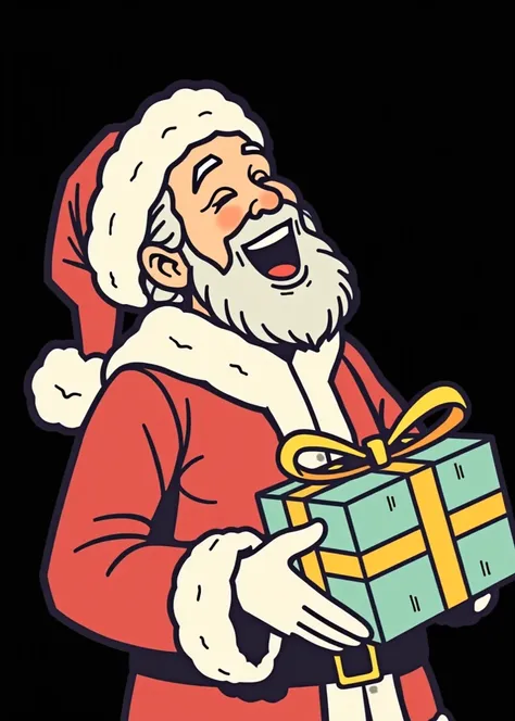 A pop art illustration of Santa Claus laughing and carrying a gift in his hands, the background is transparent