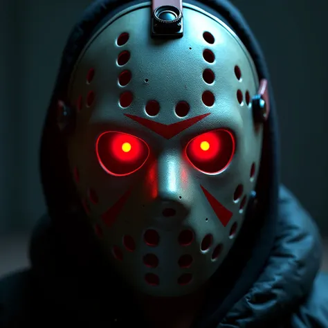 (photorealism:1.2), Jason Voorhees mask futuristic more details full hd eyes red neon