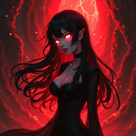 2D anime character himeno, red and black color lighting,glowing eyes, Undoing background,thunders, WHITE flame eyes, grainy art, creativity, originality, inspiration,Ghost Black,white eyes, eyes of flamesglowing white neon eyes,with hair up red lights that...