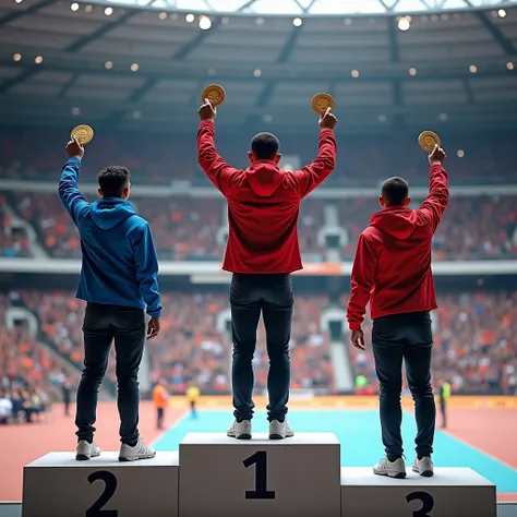  2 people with their hands up with Medals with the number 2 and 3, leaving a small space in the middle , Leaving the number 1 medalist in Sima absent the podium of 1 , 2 and 3 in the middle of the stadium full of people sitting in the back .