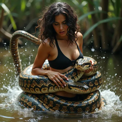 Beautiful light skinned  brunette middle eastern woman with big breast and thick thighs in black bikini grappling with hungry gigantic colossal 30 foot long reticulated python very large massive coils wrapped  tightly around her waist and lower body squeez...