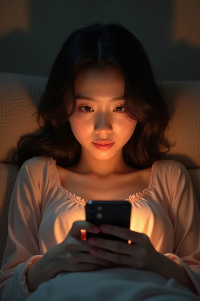 A young Asian woman with big brown eyes in a nightie is lying on the couch watching a series on her phone 