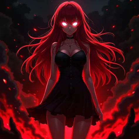 2D anime character himeno chainsaw man, red and black color lighting,glowing eyes, Undoing background,thunders, WHITE flame eyes, grainy art, creativity, originality, inspiration,Ghost Black,white eyes, eyes of flamesglowing white neon eyes,with hair up re...