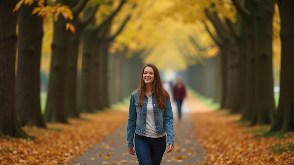 A path in a forest with fallen leaves. A person walks slowly along it, eyes closed and a peaceful smile on their face. In the distance, blurred figures represent distractions and worries, while around them, the trees form an arch that symbolizes protection...