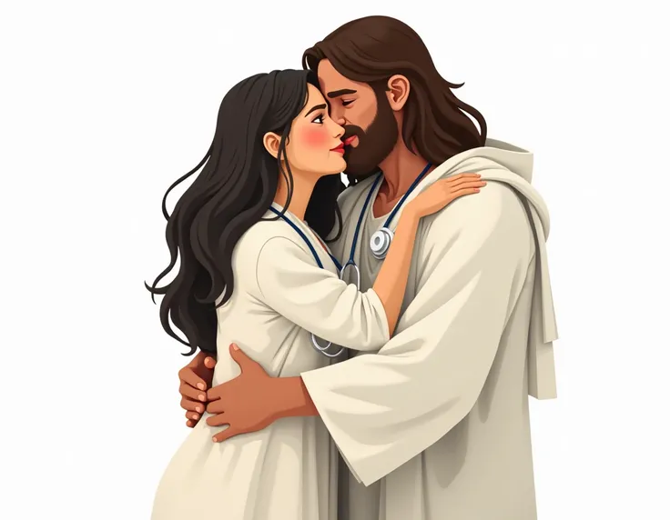 a very cute illustration of Jesus hugging a female ,  white doctor with long black hair wearing her stethoscope with a white background