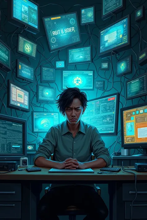   a person surrounded by screens and devices, with an expression of frustration or confusion 