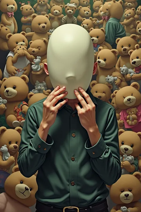  Create an image that in the background has a collage of ren holding bears in different situations and as a central character this faceless adult holding a mask, His face has no face in the middle of this face there is a  holding a stuffed animal  