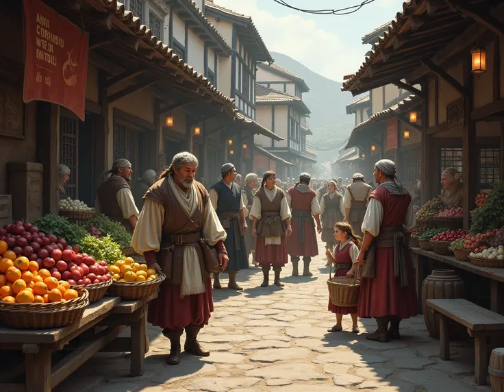 create an image that shows old villages in feudal cities, with men, women and ren selling their fruit and vegetables