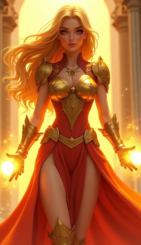 "Solaris is a tall and athletic woman with a sculpted silhouette, embodying the elegance of Disney and the power of Comics. Her flowing hair shines with an intense golden hue, reminiscent of the sun at its peak. Her amber eyes radiate a warm mystery, and h...