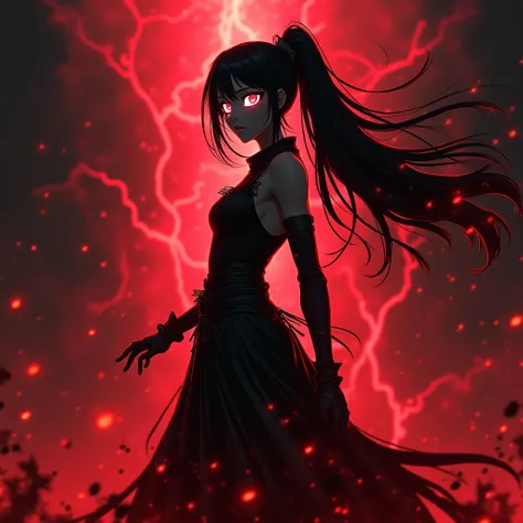 anime WOMAN actress figure Standing in front, red and black color lighting,glowing eyes, Undoing background,thunders, WHITE flame eyes, grainy art, creativity, originality, inspiration,Ghost Black,red eyes, eyes of flamesglowing white neon eyes,with hair u...