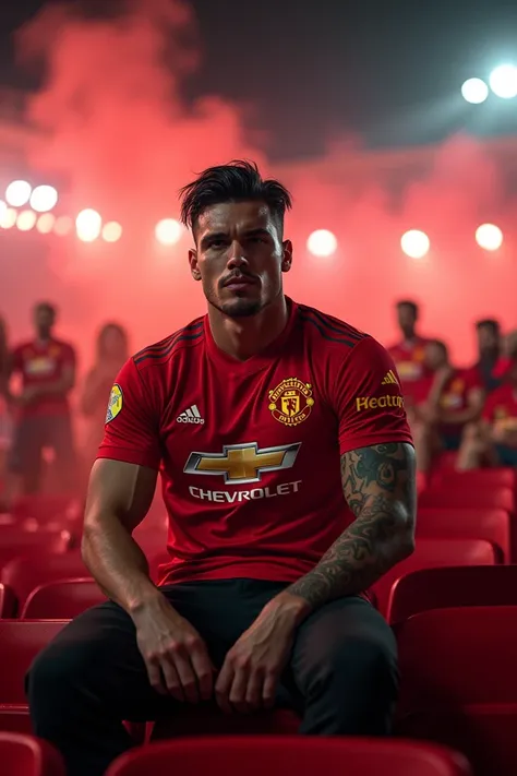  white man,  wavy black hair,  has a tattoo on his arm, Eclectic physique , muscular,  wearing a black Manchester United jersey with red details on the shoulders and the texture of fiery flames on the sides and in the jersey number. Sitting in the stands o...