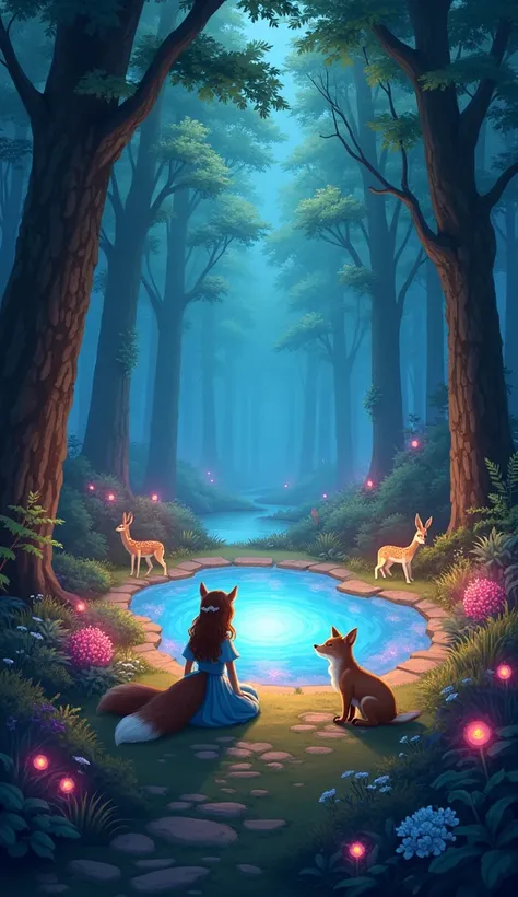 Scene 6: Discovering the Hidden Wonders
"The princess and the fox come across a magical clearing in the forest, glowing softly with ethereal light. In the center is a sparkling pond surrounded by unusual, luminous plants and flowers in vibrant colors. Smal...