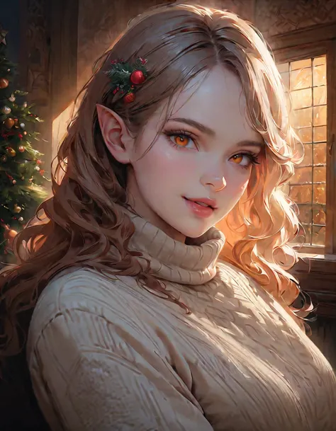 detailed textures, high quality, high resolution, high accuracy, Realism, color correction, correct lighting settings, harmonious composition. (( best size )), ((masterpiece)), (detailed),  1girl,  sexy , elf,  pale skin,  red wavy hair ,  pointy ears ,  o...