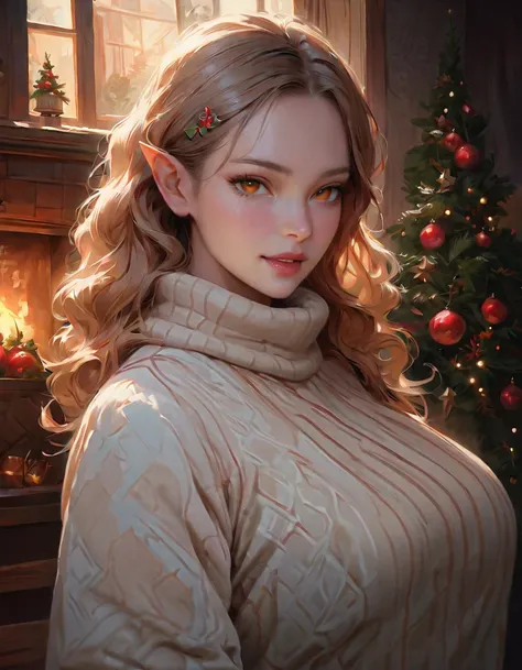 detailed textures, high quality, high resolution, high accuracy, Realism, color correction, correct lighting settings, harmonious composition. (( best size )), ((masterpiece)), (detailed),  1girl,  sexy , elf,  pale skin,  red wavy hair ,  pointy ears ,  o...