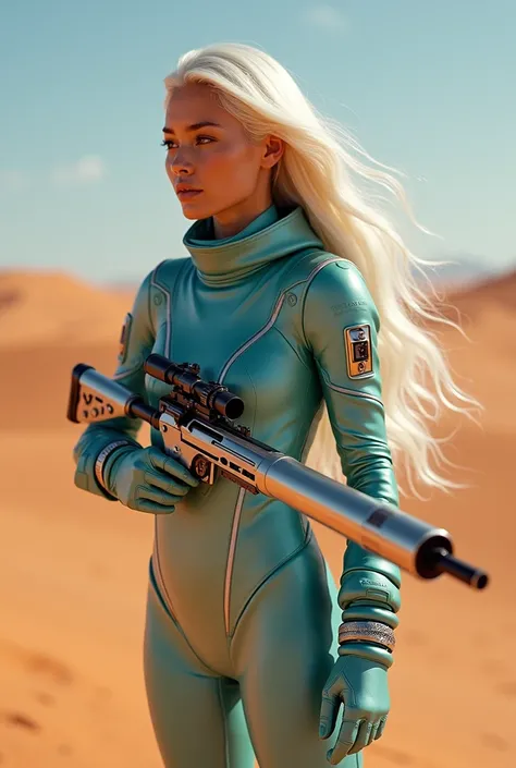 Dans un desert rose. Une voyageuse en combinaison spatiale turquoise.( cuire épaisse et latex. Avec des courbe organique. Les ligne arrondire.) À-côtés de son vaisseau argenté long (biomécanique. Reborde arrondire, ligne courbé. Des réacteur en arrière. Fl...