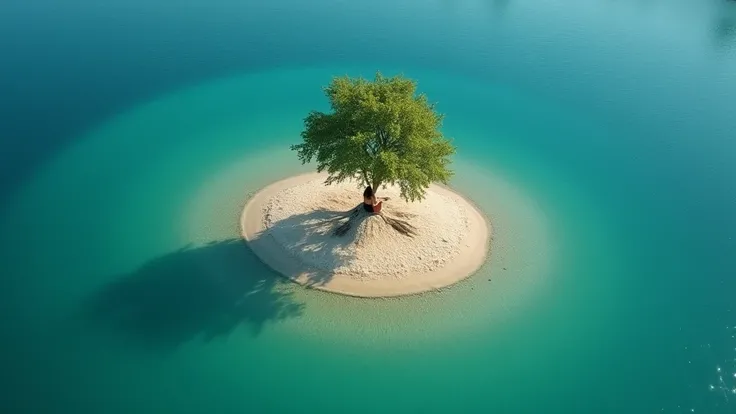 An aerial view of a small desert island in the middle of a crystal-clear lake. On the island, a person is sitting quietly under a tree, surrounded by a completely natural environment, symbolizing isolation from external noise and immersion in oneself.